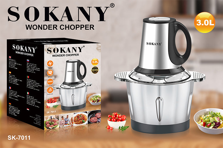 Tocător Electric Sokany - 4 Lame din Oțel Inoxidabil de Înaltă Calitate, 500 W, 3L, Recipient din Inox, Negru/Inox + Mini Tocător CADOU | SK-7011 + D5161