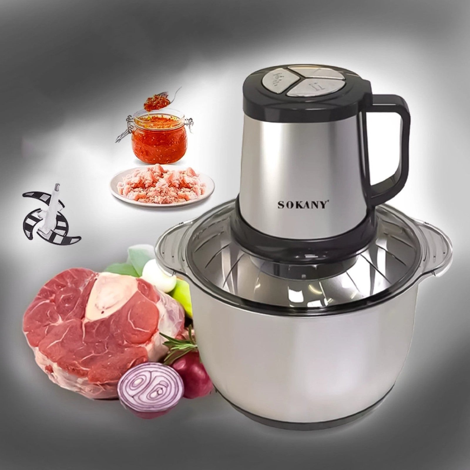 Tocator electric Sokany - 4 lame din otel inoxidabil de inalta calitate, 800 W, 4.5L, recipient din Inox, Negru/Inox | SK-7015