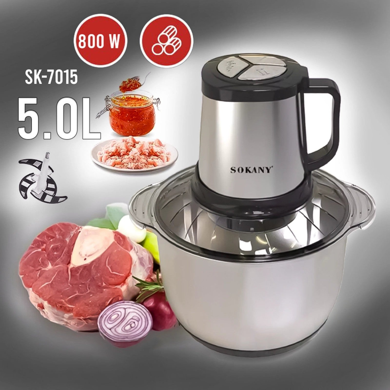 Tocator electric Sokany - 4 lame din otel inoxidabil de inalta calitate, 800 W, 4.5L, recipient din Inox, Negru/Inox | SK-7015