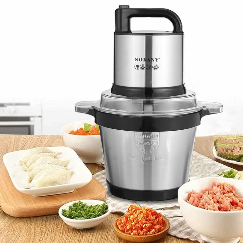 Tocător Electric Sokany - 4 Lame din Oțel Inoxidabil de Înaltă Calitate, 800 W, 4L, Recipient din Inox, Negru/Inox + Mini Tocător Cadou | SK-7028 + D5161