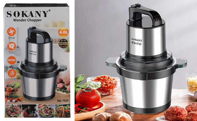 Tocător Electric Sokany - 4 Lame din Oțel Inoxidabil de Înaltă Calitate, 800 W, 4L, Recipient din Inox, Negru/Inox + Mini Tocător Cadou | SK-7028 + D5161