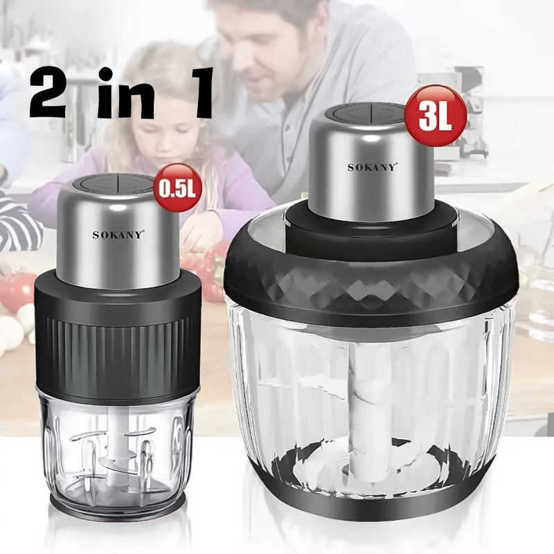 Tocător Electric 2 în 1, 4 Lame din Oțel Inoxidabil de Înaltă Calitate, Motor Puternic 800 W, 3L, Recipient din Sticlă, Negru ❘ Sokany SK-YM-7032