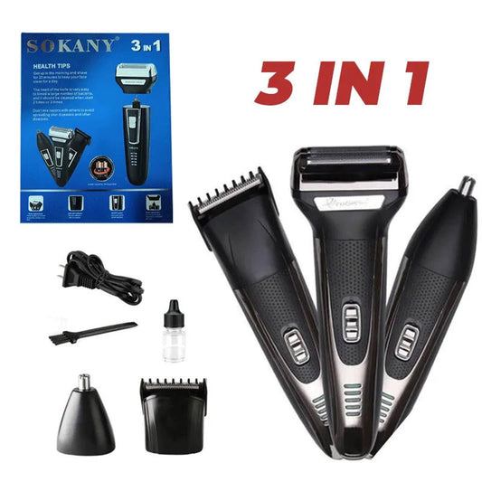 Aparat de barbierit electric 3 in 1, Sokany SK-782, accesorii pentru contur, nas/urechi, Negru