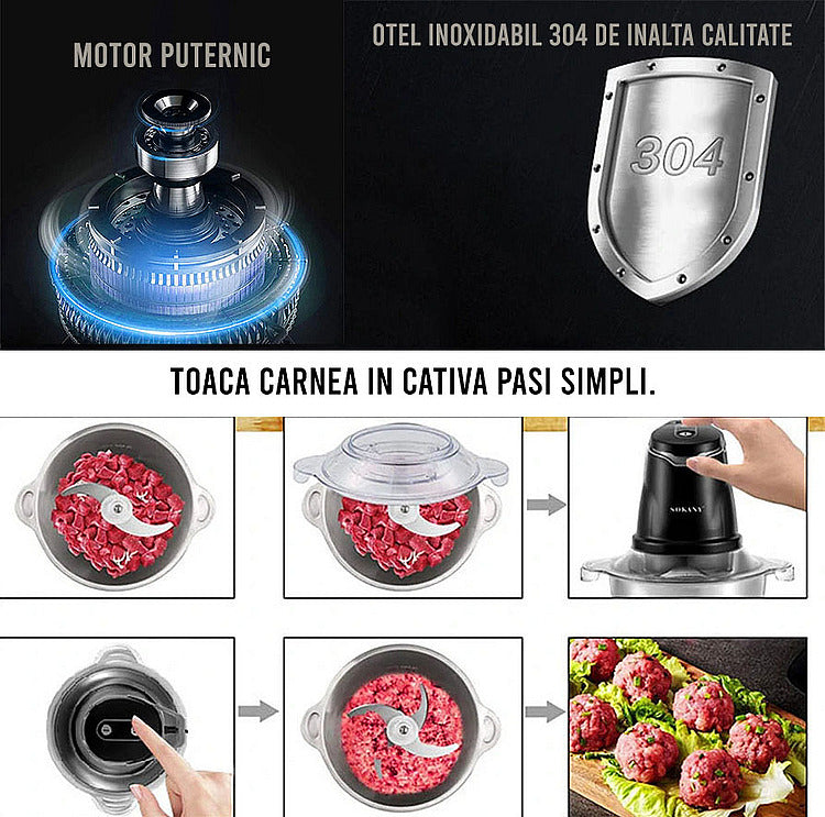 Tocător Electric Sokany - 4 Lame din Oțel Inoxidabil de Înaltă Calitate, 500 W, 3L, Recipient din Inox, Negru/Inox + Mini Tocător CADOU | SK-7011 + D5161