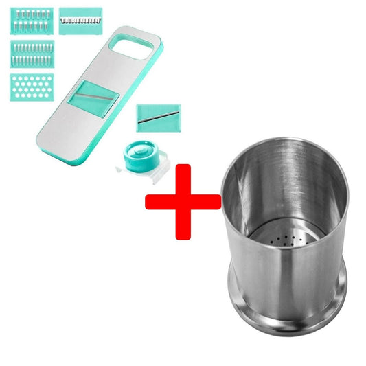 Set: Suport tacâmuri din metal,  Argintiu + Răzătoare multifuncțională, cu 5 lame, Albastru | D4782  + D5130