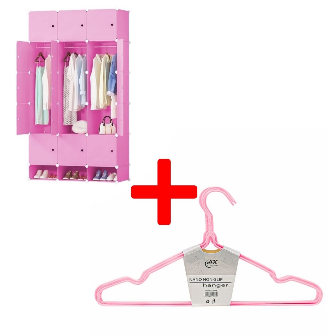 Set: Dulap Modular, 15 Uși, 197x110x37cm, Roz + Set 10 umerase, haine copii, 29x17cm, Roz| D7144 + D5543