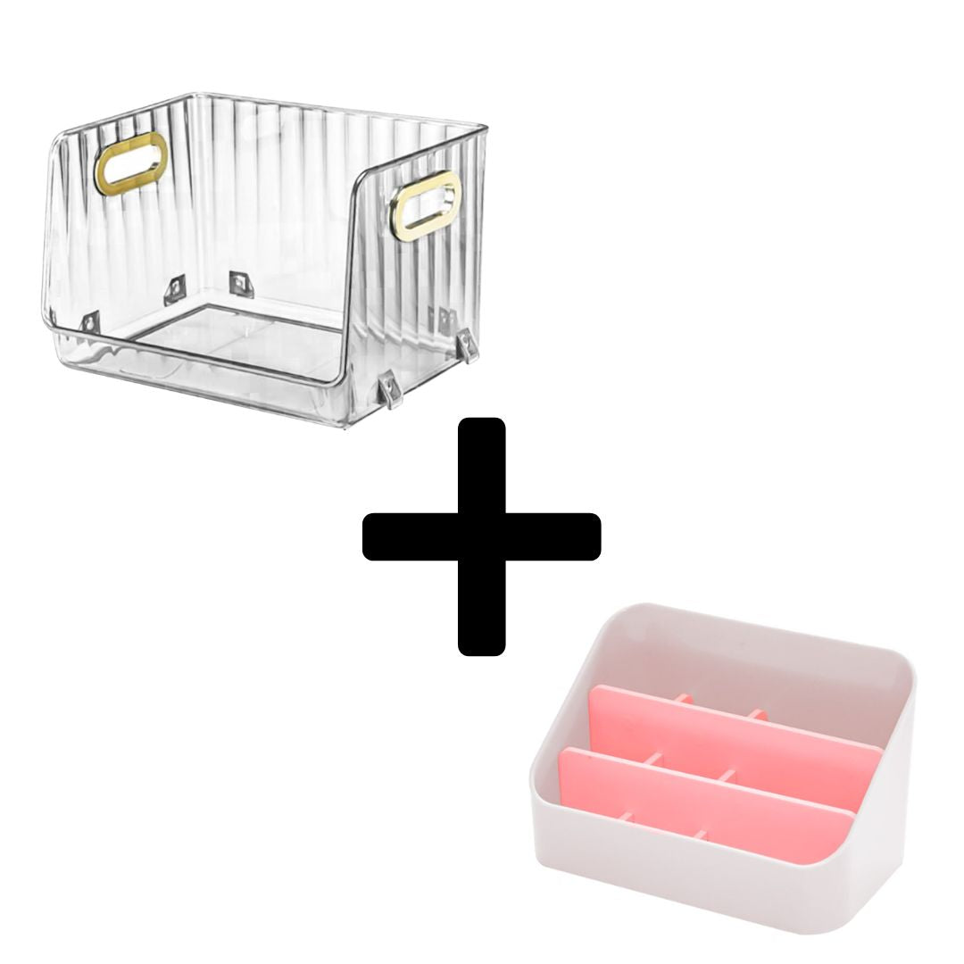 Set: Cutie depozitare cosmetice, Transparentă, 19x15x13cm + Organizator cosmetice, cu compartiment pentru ruj, ojă, Roz | D5354 + D5168