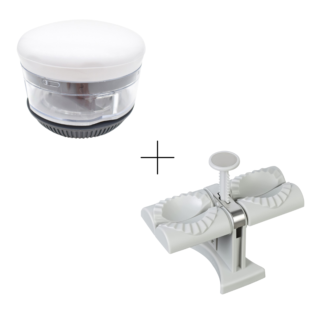 Set: Mini Tocător Manual Usturoi/Legume, Alb + Aparat pentru umplut găluște, colțunași, ravioli, Gri ❘ D5161 / D5133