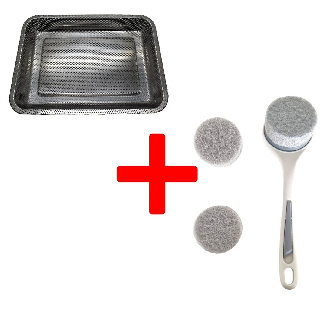 Set: Tava perforata 32 * 22 * 4.6 cm + Perie Pentru Vase,  Alb/Gri deschis | D3162 + D5307