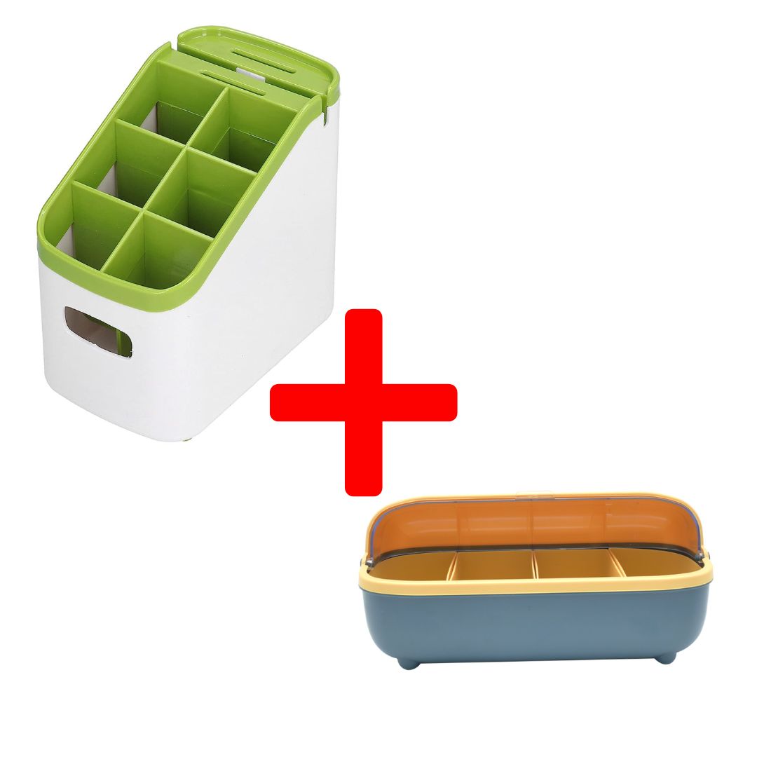 Set: Organizator tacâmuri, Verde + Recipient condimente, cu 4 linguri, Albastru | D5167  + D5274