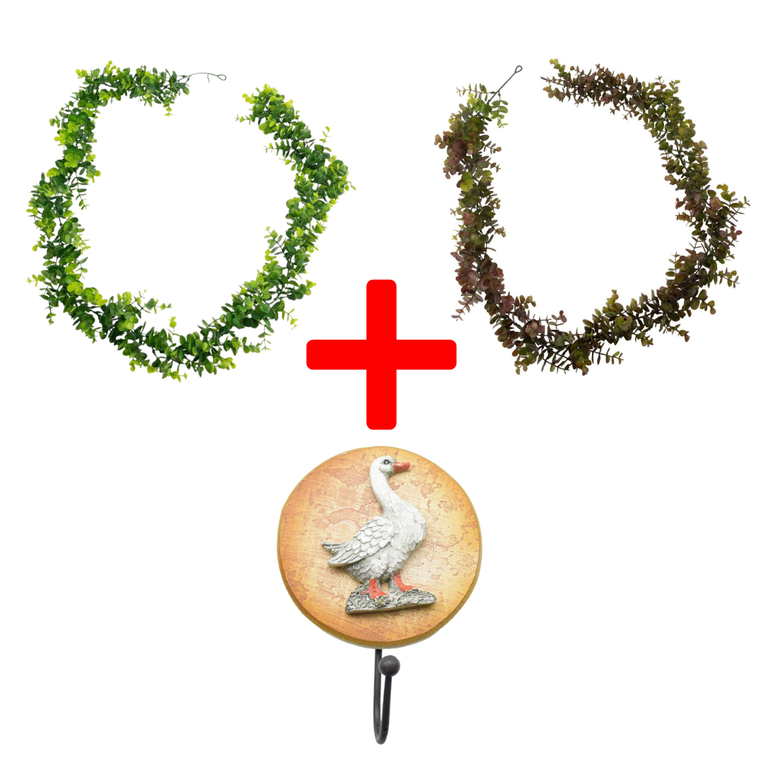 SET: 2 Ghirlande tip Eucalipt, 1.7 m, Maro/Verde + CADOU Cuier decorativ, 10 cm ❘ D7030/D7029/D62