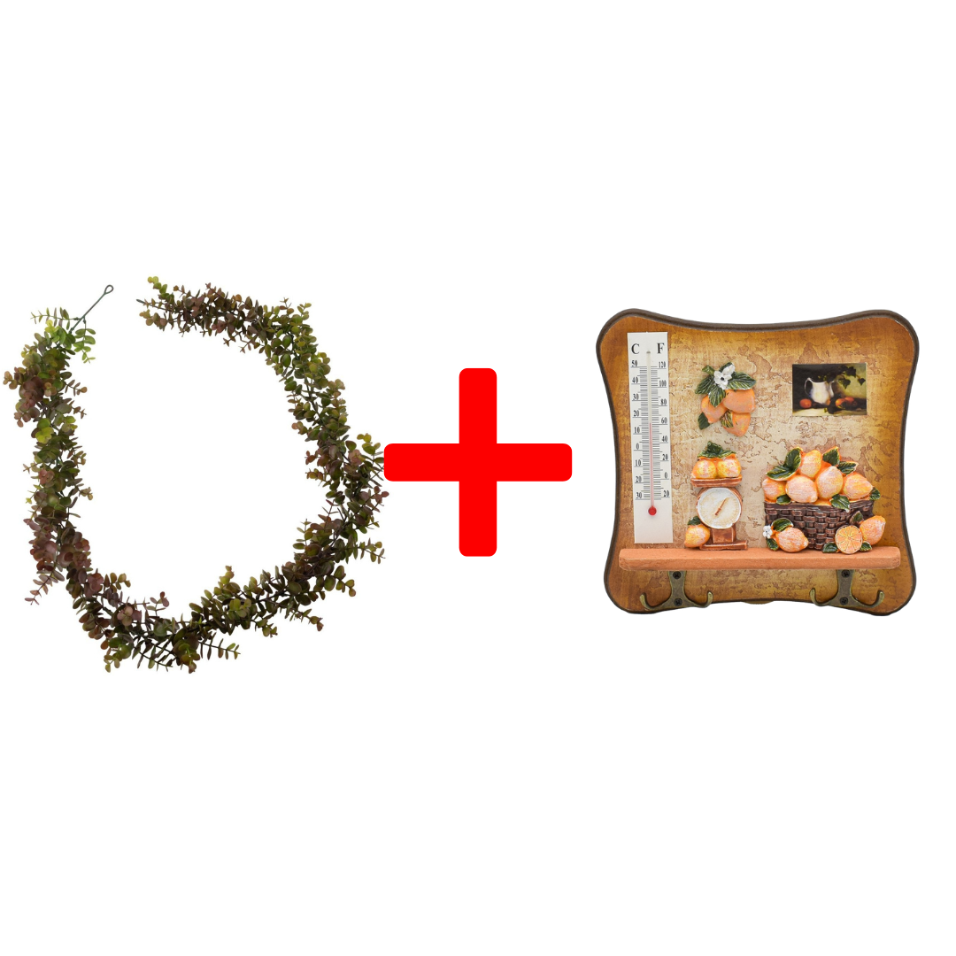 SET: Ghirlandă tip Eucalipt, 1.7 m, Maro + Cuier decorativ, 19 x 19 cm ❘ D7030/D54