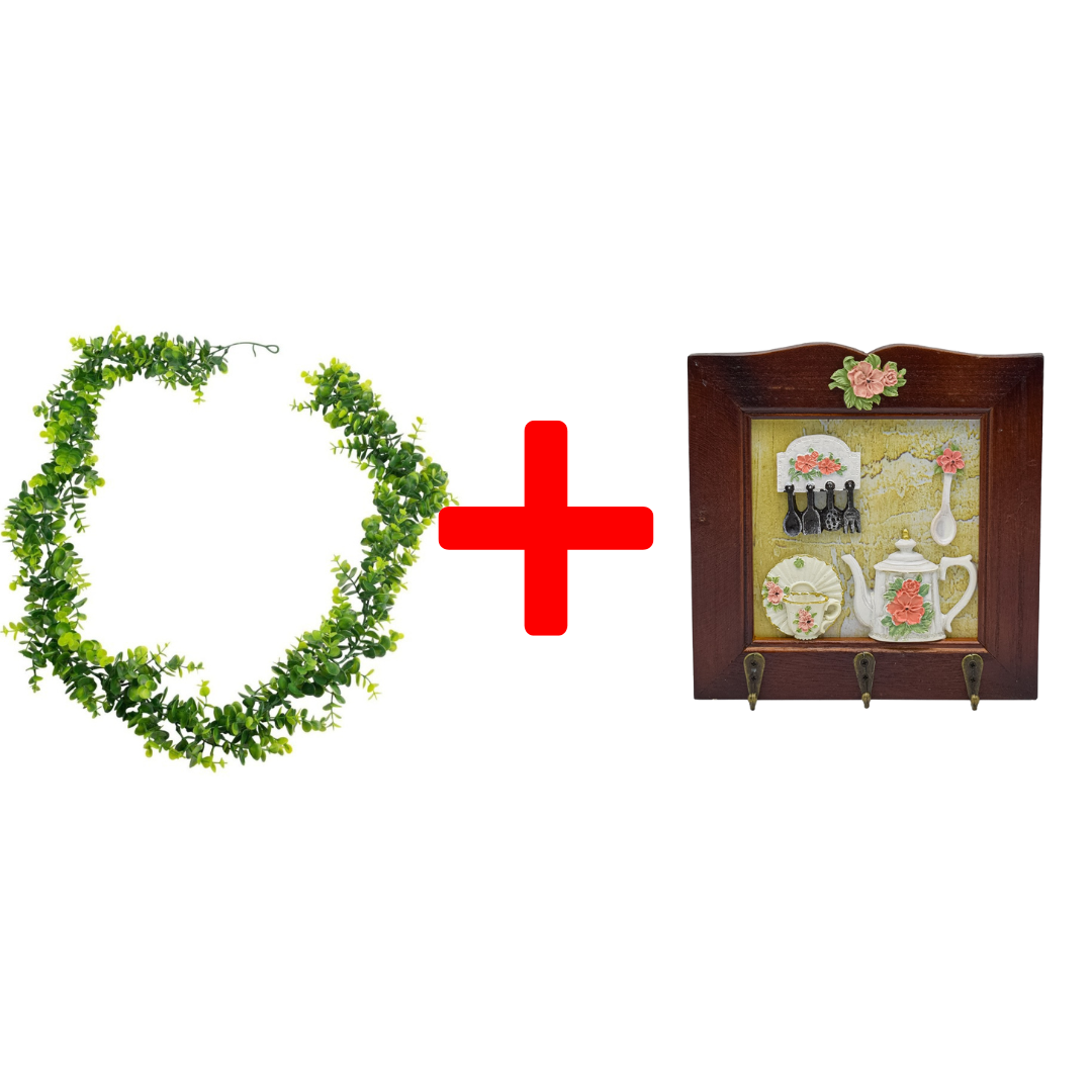 SET: Ghirlandă tip Eucalipt, 1.7 m, Verde + Cuier decorativ, 21 x 21 cm ❘ D7029/D66