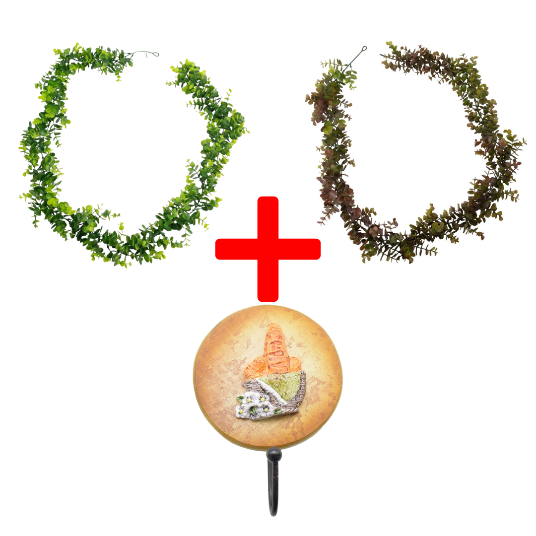 SET: 2 Ghirlande tip Eucalipt, 1.7 m, Maro/Verde + CADOU Cuier decorativ, 10 cm ❘ D7030/D7029/D62