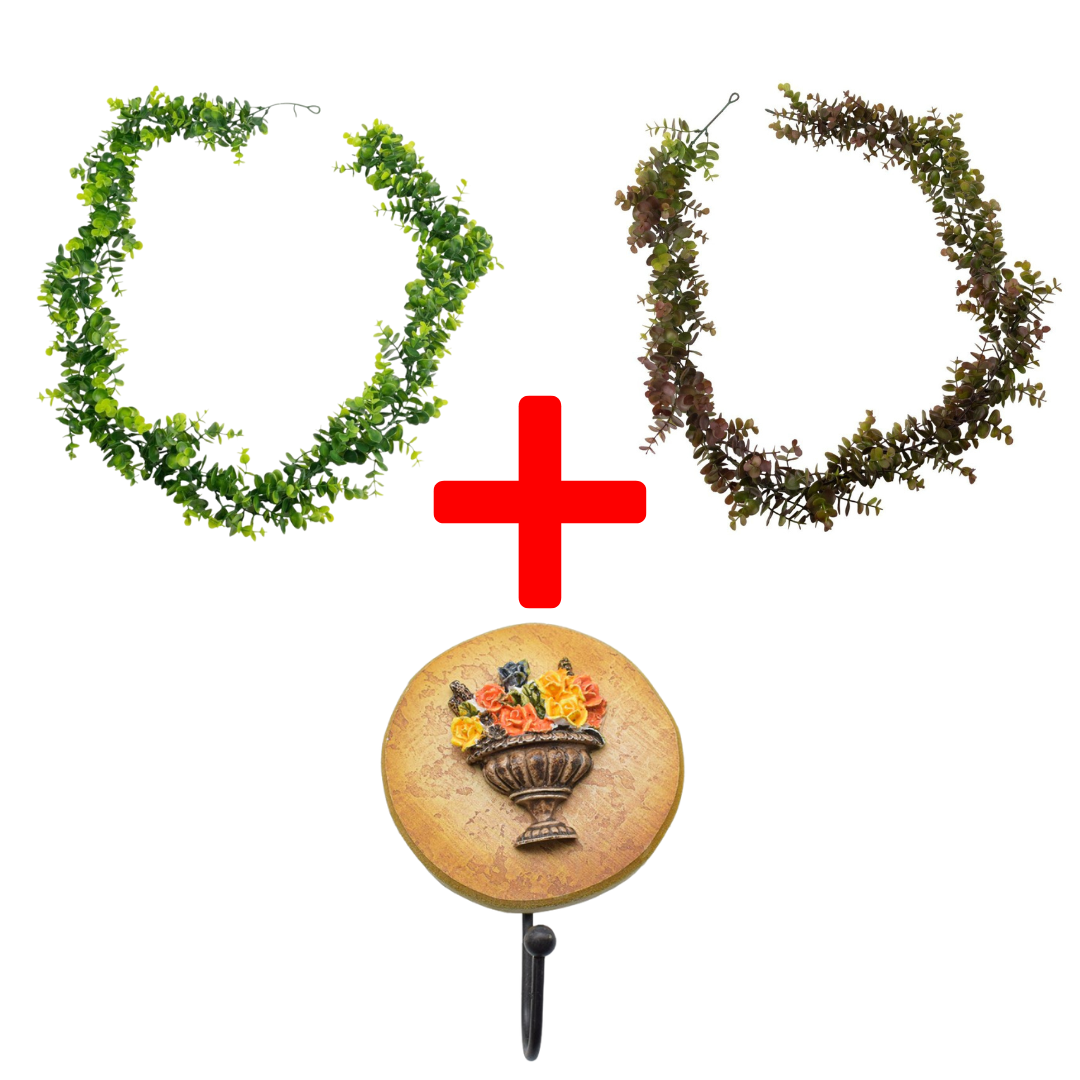 SET: 2 Ghirlande tip Eucalipt, 1.7 m, Maro/Verde + CADOU Cuier decorativ, 10 cm ❘ D7030/D7029/D62