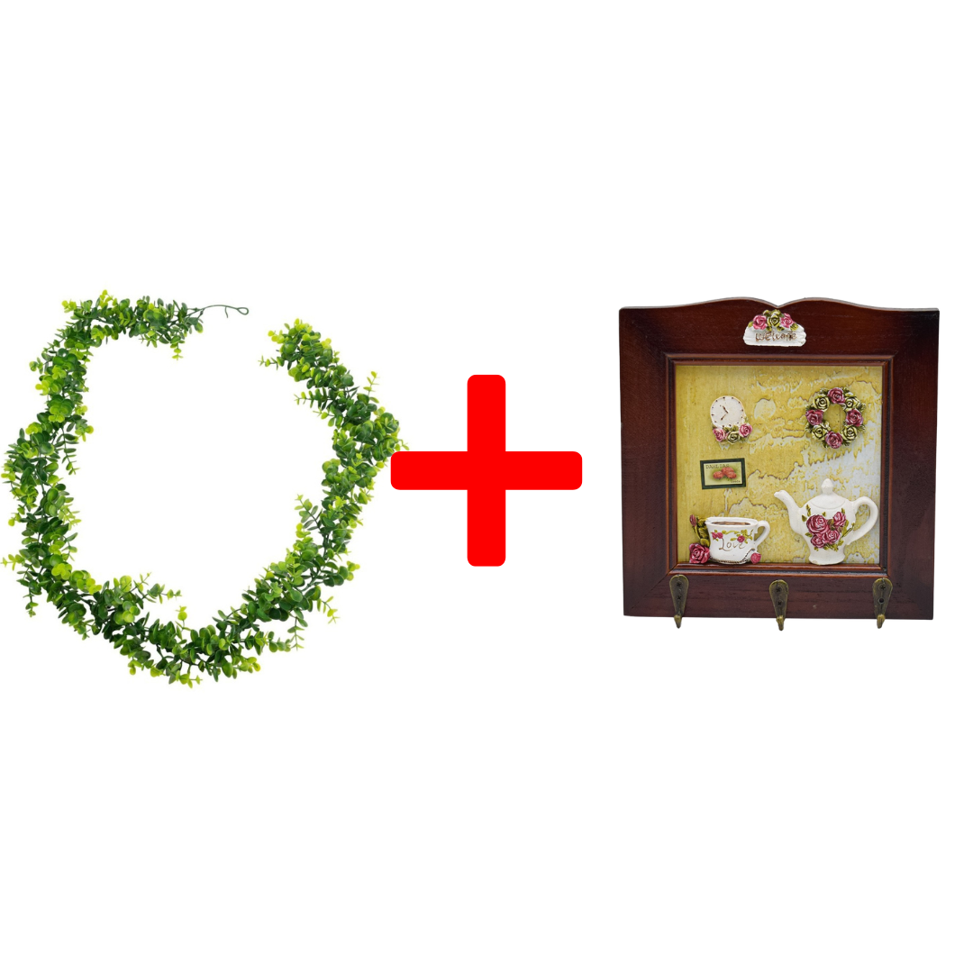 SET: Ghirlandă tip Eucalipt, 1.7 m, Verde + Cuier decorativ, 21 x 21 cm ❘ D7029/D66