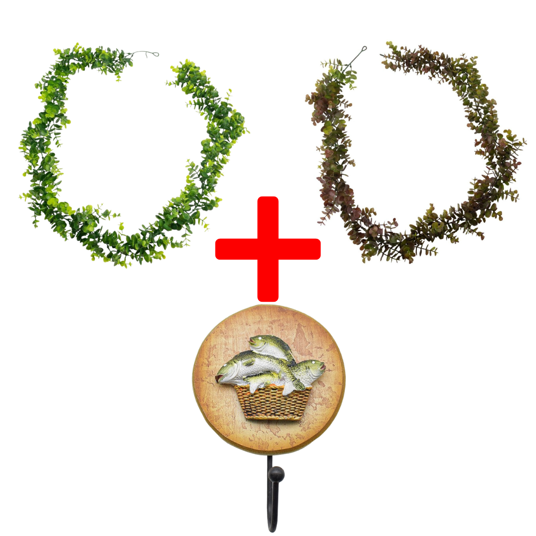 SET: 2 Ghirlande tip Eucalipt, 1.7 m, Maro/Verde + CADOU Cuier decorativ, 10 cm ❘ D7030/D7029/D62