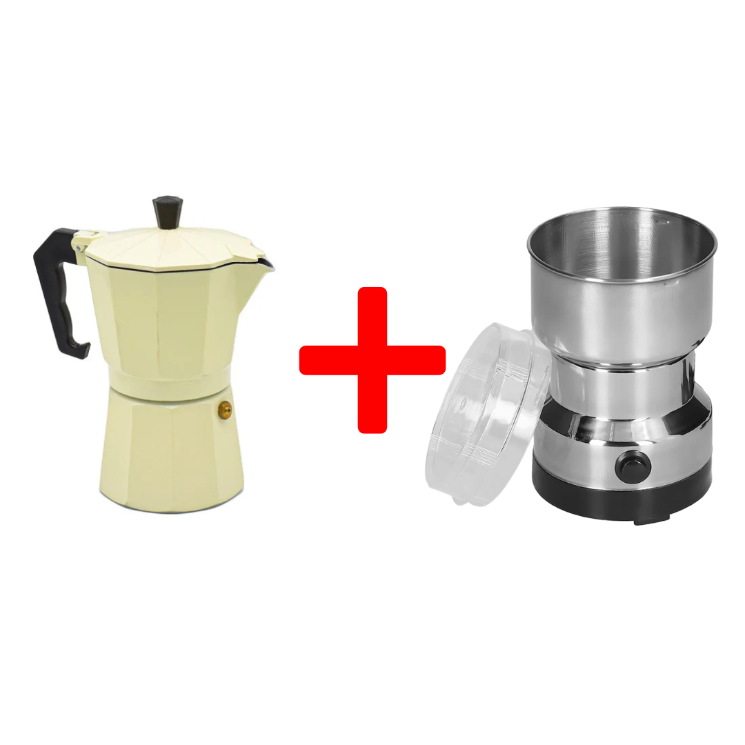 Set: Cafetieră MOKA, 6 cafele, 300 ml + Râșniță cafea, 150 W, Inox ❘ DC-3 / D5169- Rasnita-Cafea
