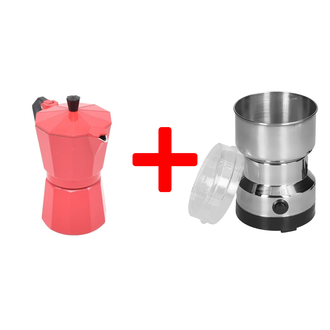 Set: Cafetieră MOKA, 6 cafele, 300 ml + Râșniță cafea, 150 W, Inox ❘ DC-3 / D5169- Rasnita-Cafea