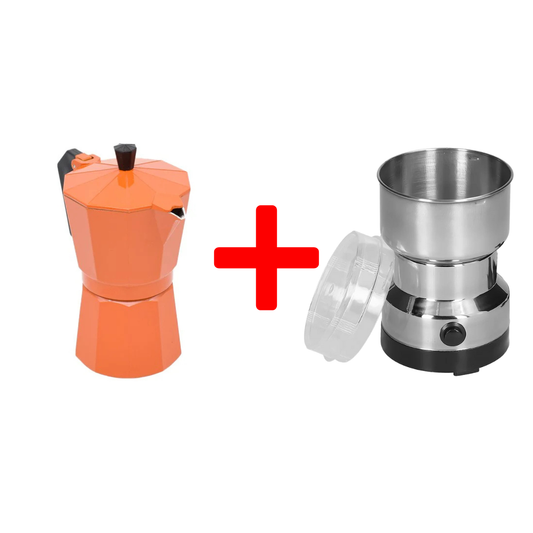 Set: Cafetieră MOKA, 6 cafele, 300 ml + Râșniță cafea, 150 W, Inox ❘ DC-3 / D5169- Rasnita-Cafea