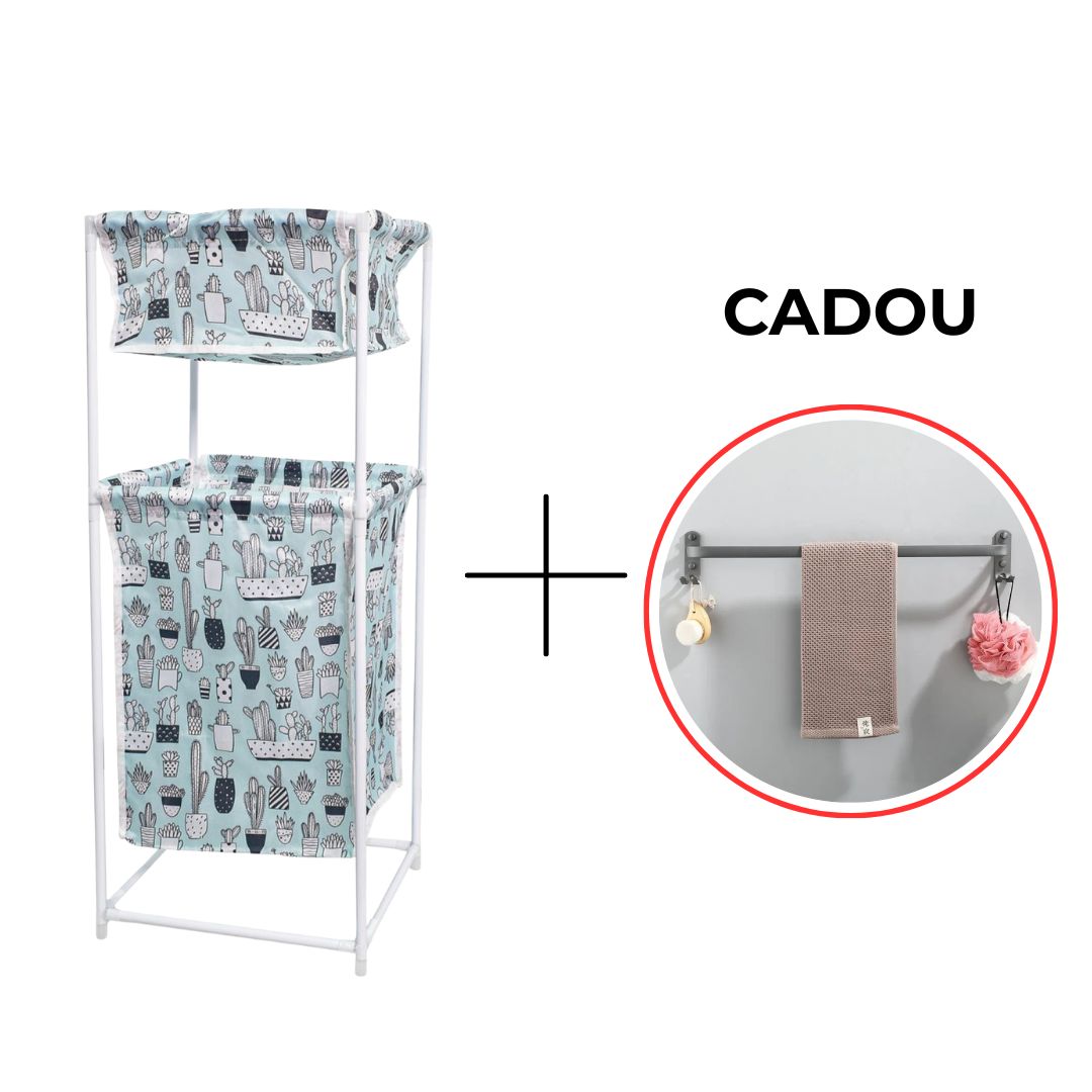 Cos de rufe, material textil, 2 niveluri + CADOU Suport prosoape din aluminiu cu carlige duble ❘ D4839+D6165