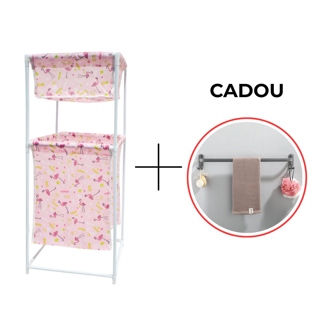 Cos de rufe, material textil, 2 niveluri + CADOU Suport prosoape din aluminiu cu carlige duble ❘ D4839+D6165