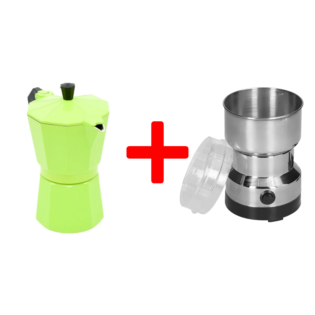 Set: Cafetieră MOKA, 6 cafele, 300 ml + Râșniță cafea, 150 W, Inox ❘ DC-3 / D5169- Rasnita-Cafea