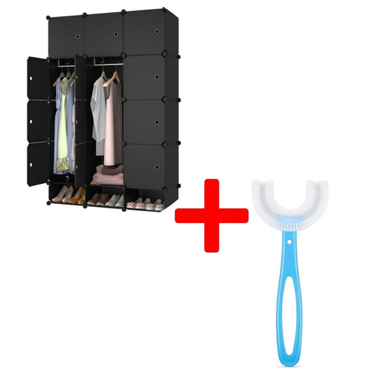 Set: Dulap Modular, 12 Uși, 127x75x37cm, Negru + Periuta de Dinți Circulară U-shape, pentru Copiii de 6-12 ani, Albastru| D7151 + D4376-Albastru-Drept