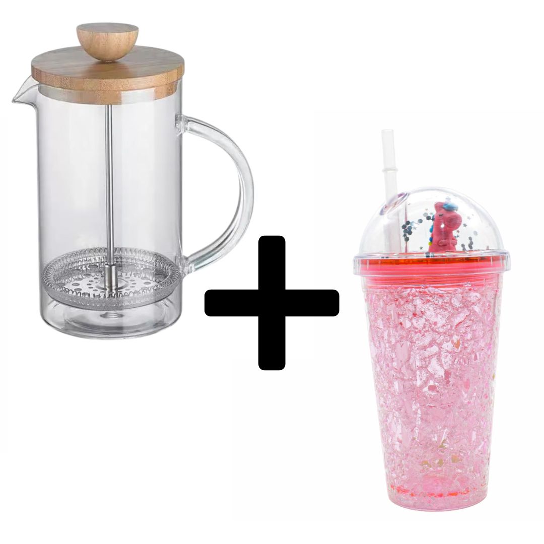 Set: Infuzor French Press din Sticla Borosilicata cu capac din Bambus + Pahar cu capac, Roz-Curcubeu | D6974 + D5022 / D5026