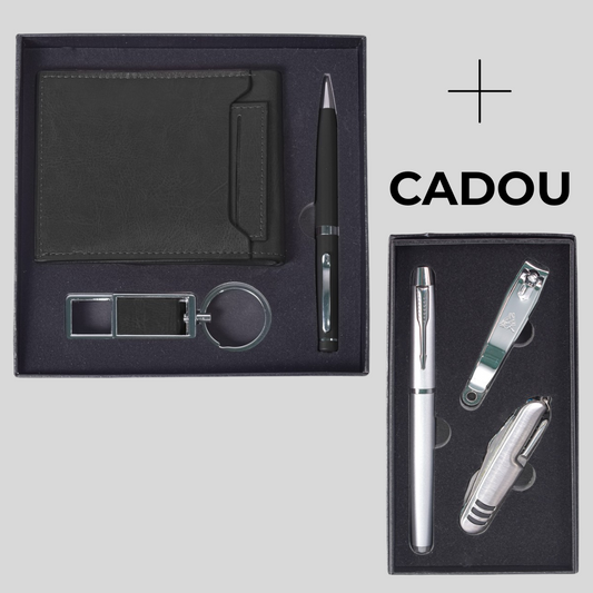 Set 3 piese: Portofel, Breloc, Pix,  Negru/Maro + CADOU - Tirbușon, Unghieră, Pix, Argintiu ❘  D5249/D5251