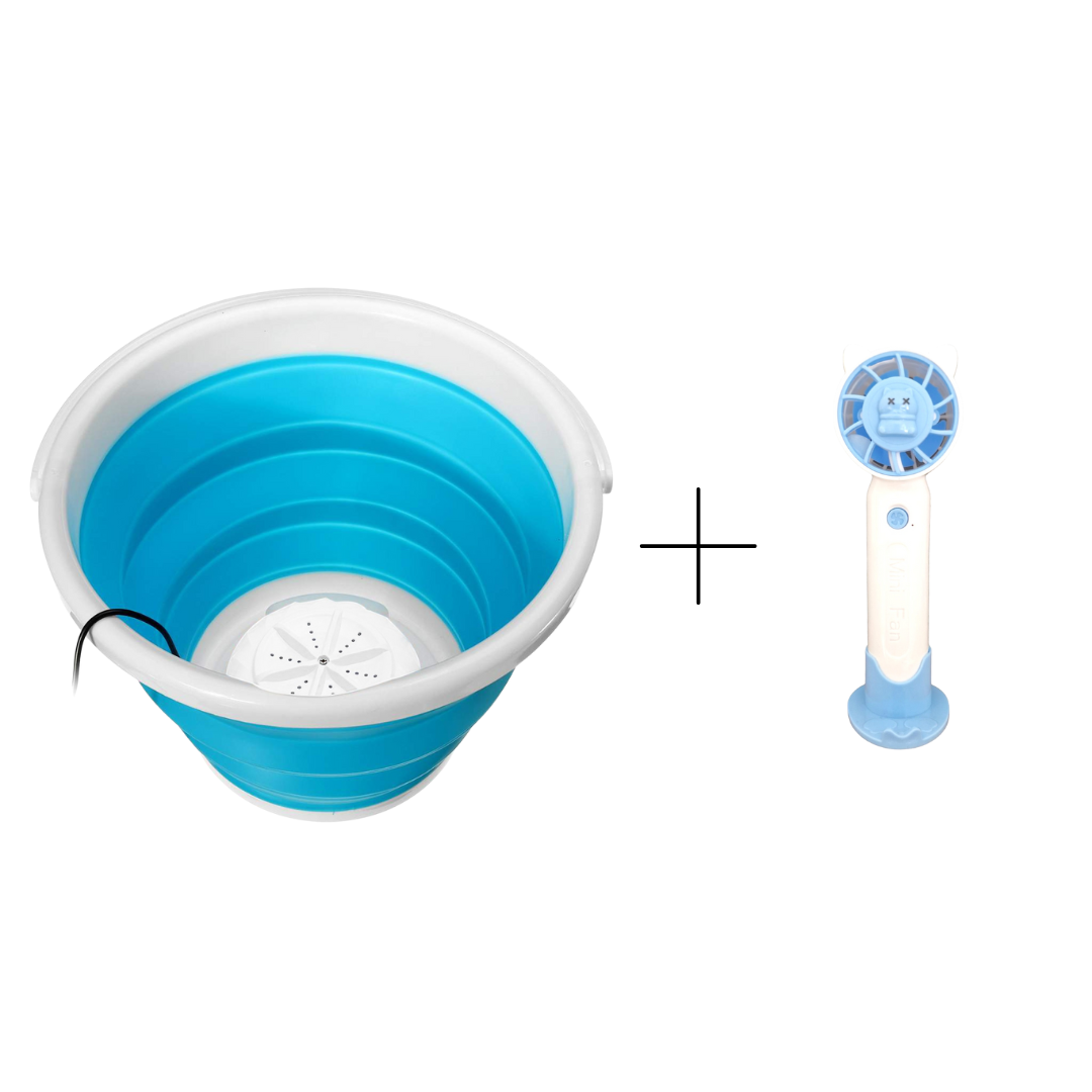 Set: Mașină de spălat rufe, portabilă, Albastru + Ventilator cu acumulator USB, 50x178x47 mm, Alb ❘ D5115 / D5874