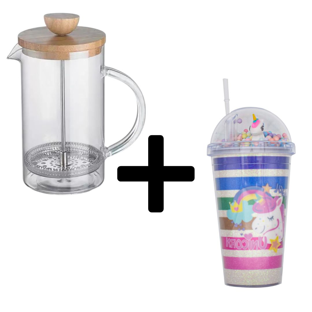 Set: Infuzor French Press din Sticla Borosilicata cu capac din Bambus + Pahar cu capac, Roz-Curcubeu | D6974 + D5022 / D5026