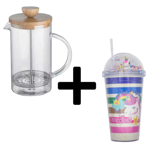 Set: Infuzor French Press din Sticla Borosilicata cu capac din Bambus + Pahar cu capac, Roz-Curcubeu | D6974 + D5022 / D5026