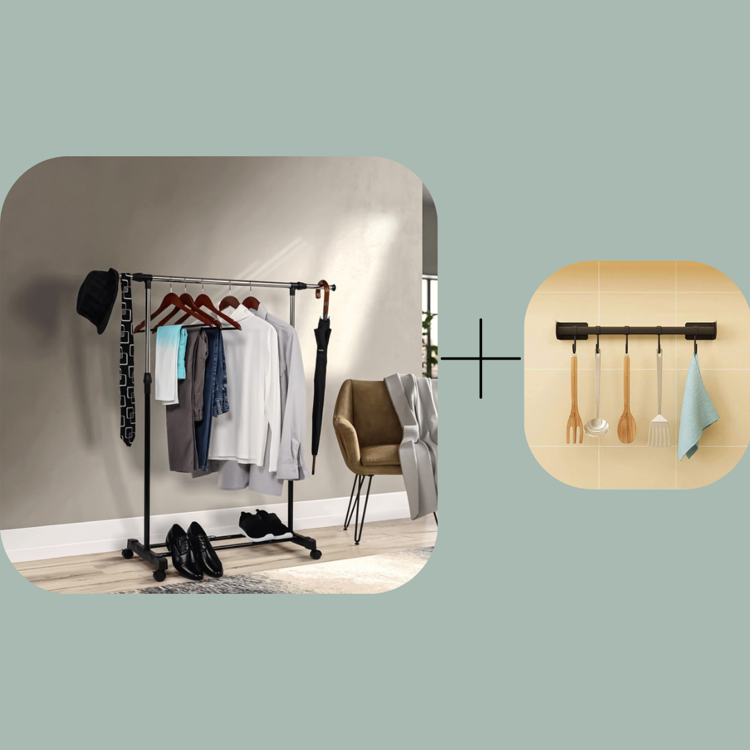 Suport umerașe mobil și reglabil + Suport metalic 5 cuiere, Inox/Negru ❘  D4836/D4506