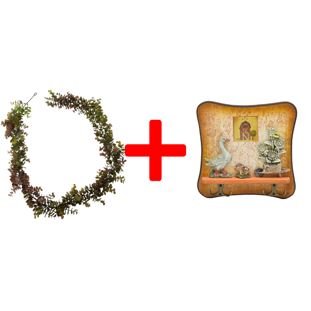 SET: Ghirlandă tip Eucalipt, 1.7 m, Maro + Cuier decorativ, 19 x 19 cm ❘ D7030/D54