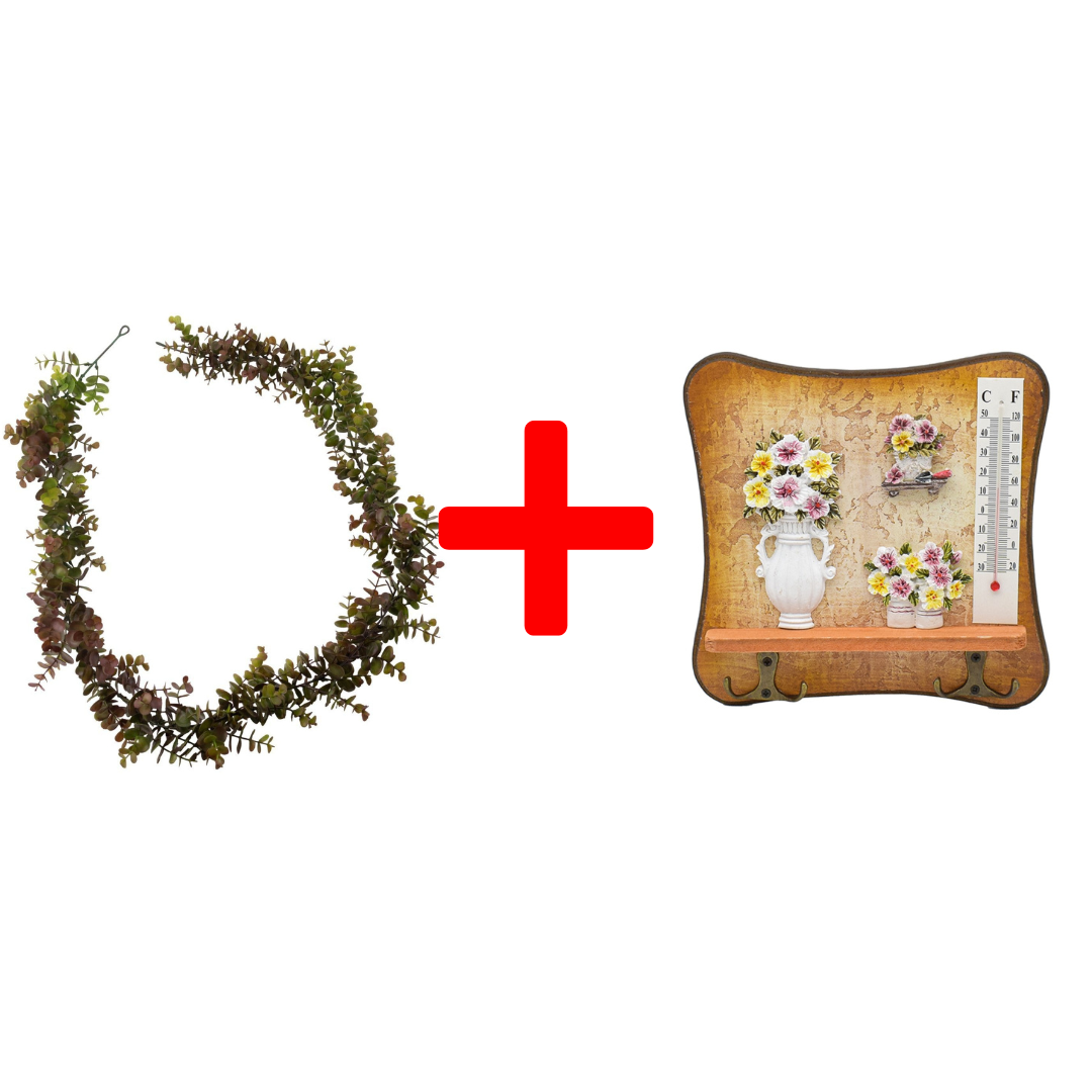 SET: Ghirlandă tip Eucalipt, 1.7 m, Maro + Cuier decorativ, 19 x 19 cm ❘ D7030/D54