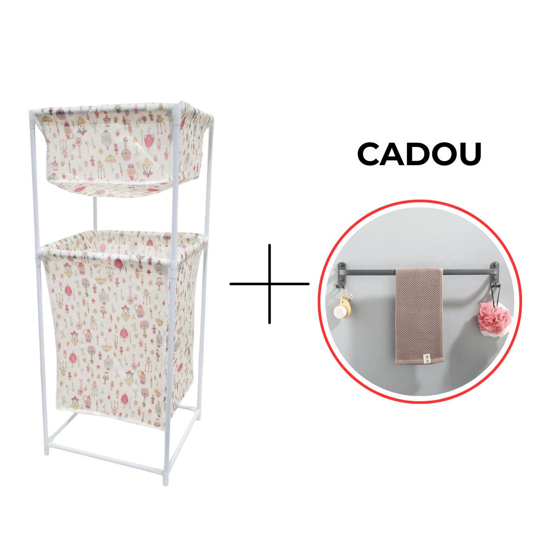 Cos de rufe, material textil, 2 niveluri + CADOU Suport prosoape din aluminiu cu carlige duble ❘ D4839+D6165