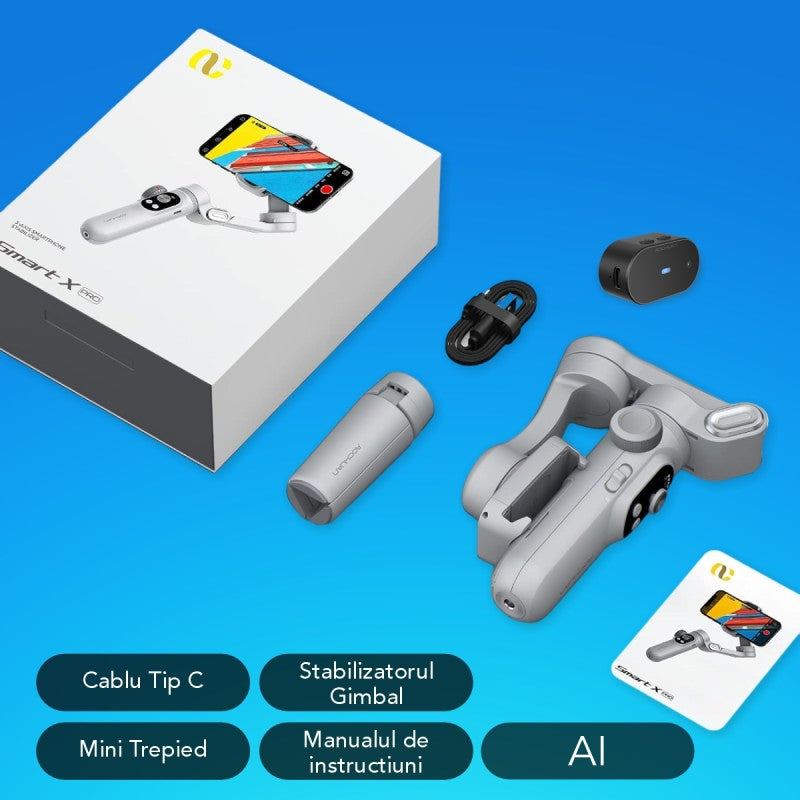 Gimbal Aochuan SMART X PRO-AI, D6731, cu 3 Axe, Baterie Inclusă, Aplicație Dedicată, Content Creator Edition, Gri