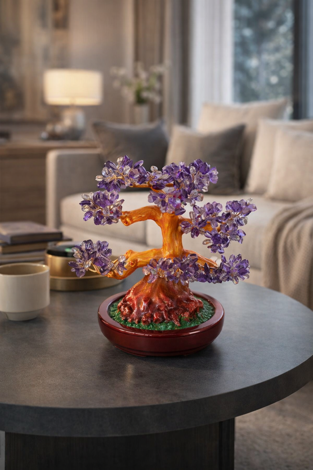 Copac Feng Shui cu Pietre Semiprețioase, Suport Ceramic, Înălțime 22 cm, Multiple Modele ❘ D3013_
