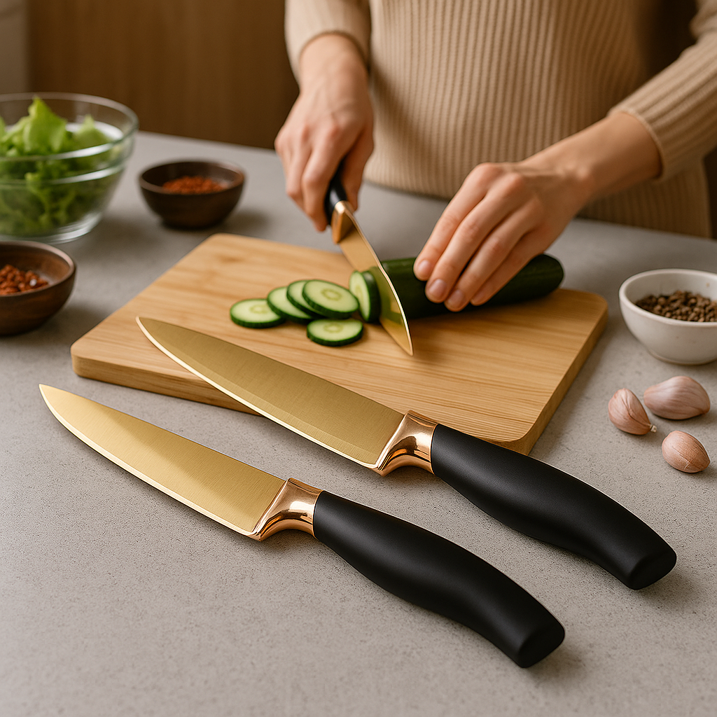 Pachet: Cuțit pentru Feliat 20 cm + Cuțit pentru Legume 12.5 cm + Cuțitul bucătarului gama Konedi, oțel inoxidabil, 20 cm, culoare Rosegold/Negru ❘ D3367 + D3366 + D3365