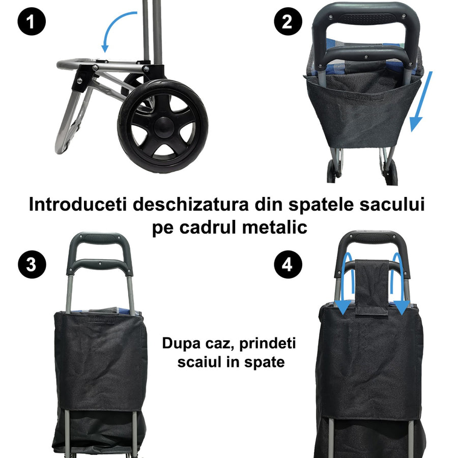 Cărucior de piață pliabil – 37L, cadru metalic, sac impermeabil, 2 roți mari, mâner ergonomic, diverse culori ❘ D4941