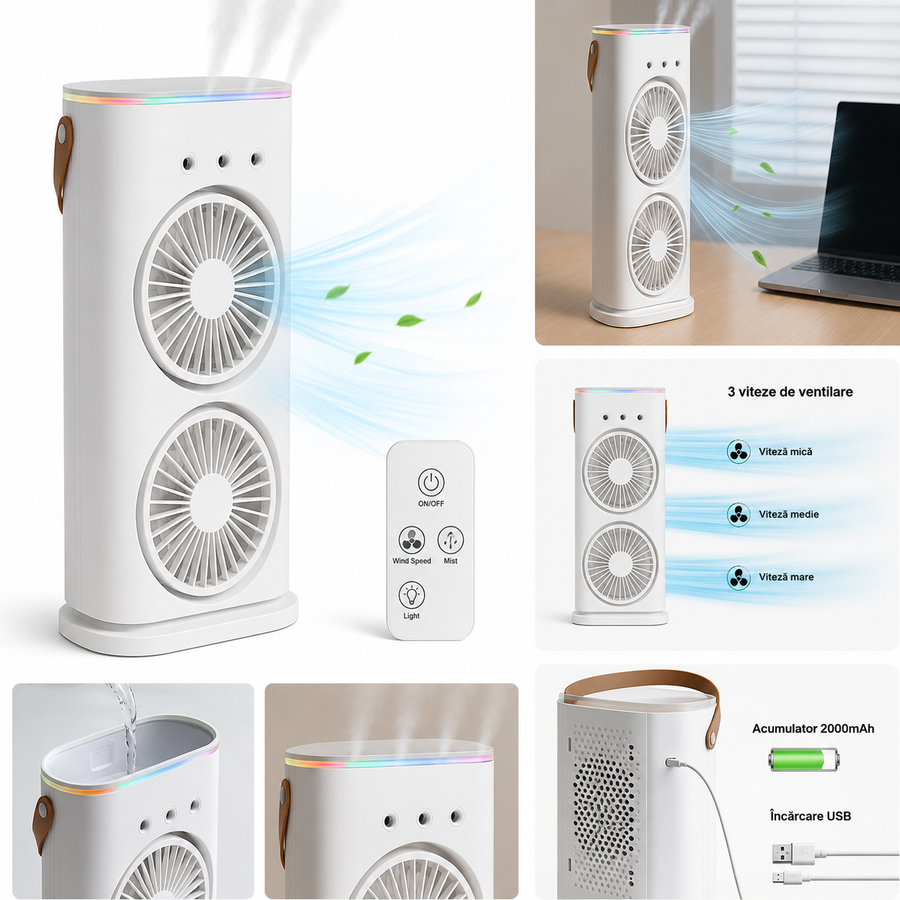 Ventilator dublu & Umidificator - Telecomandă inclusă • 3 viteze • Acumulator 2000mAh ❘ D7182