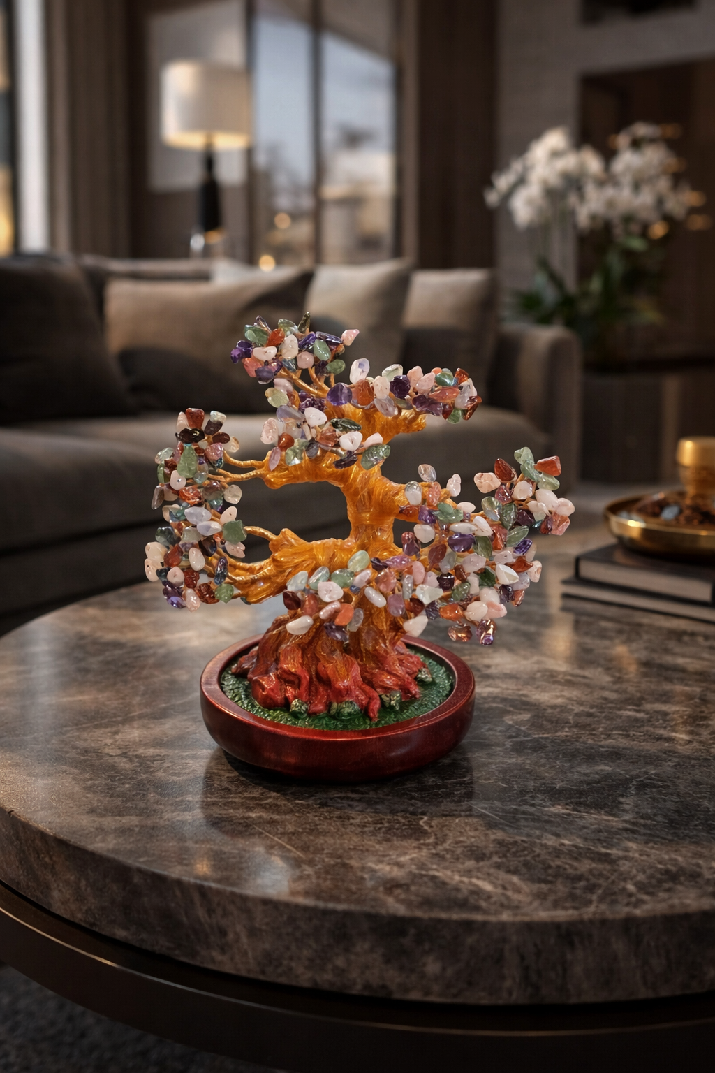 Copac Feng Shui cu Pietre Semiprețioase, Suport Ceramic, Înălțime 22 cm, Multiple Modele ❘ D3013_