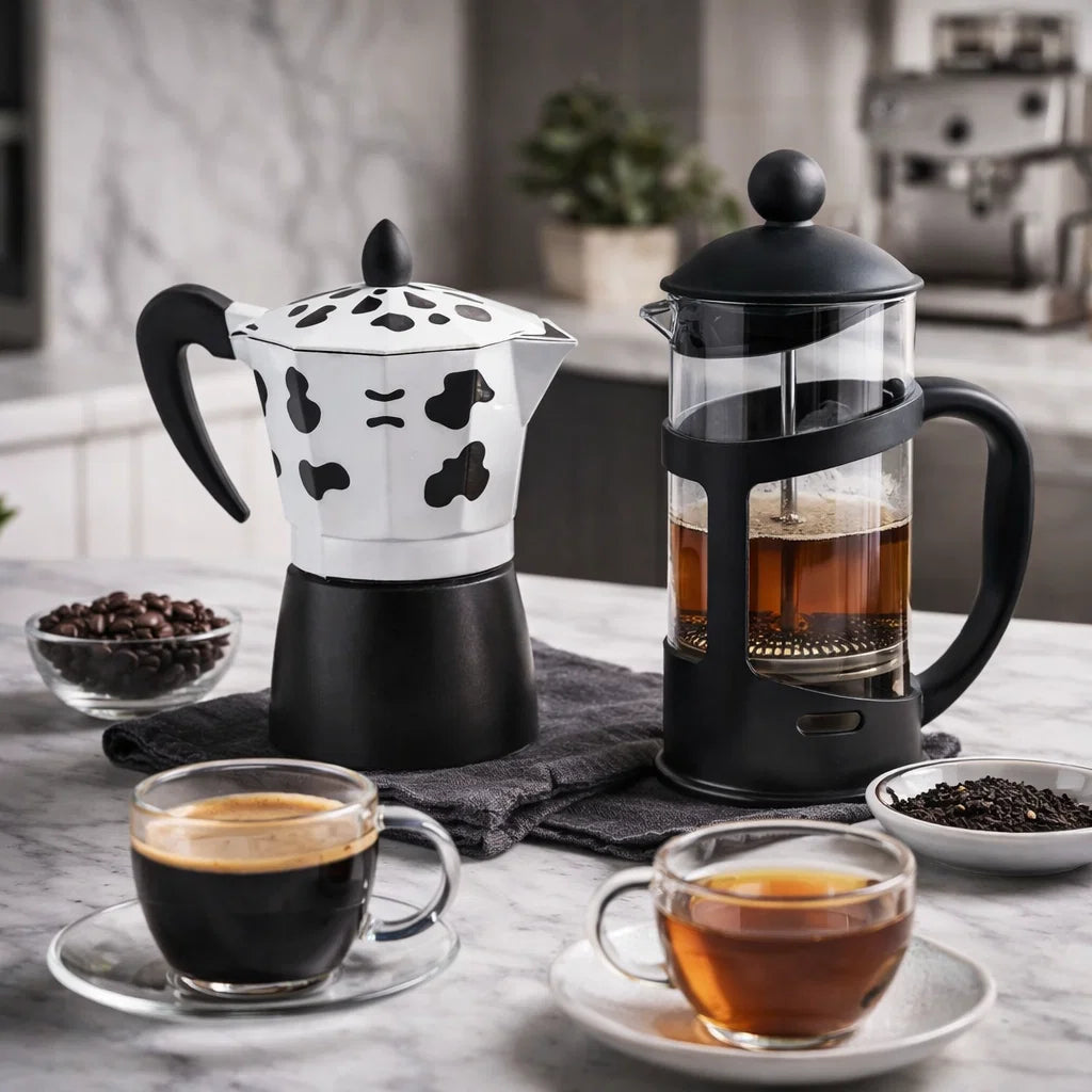 Set: Cafetieră MOKA, 6 cafele, 300 ml, Alb/Negru + Infuzor de Cafea și Ceai French Press, 600ml, Sticlă/Oțel inoxidabil ❘ D3411.negru.alb / D6969