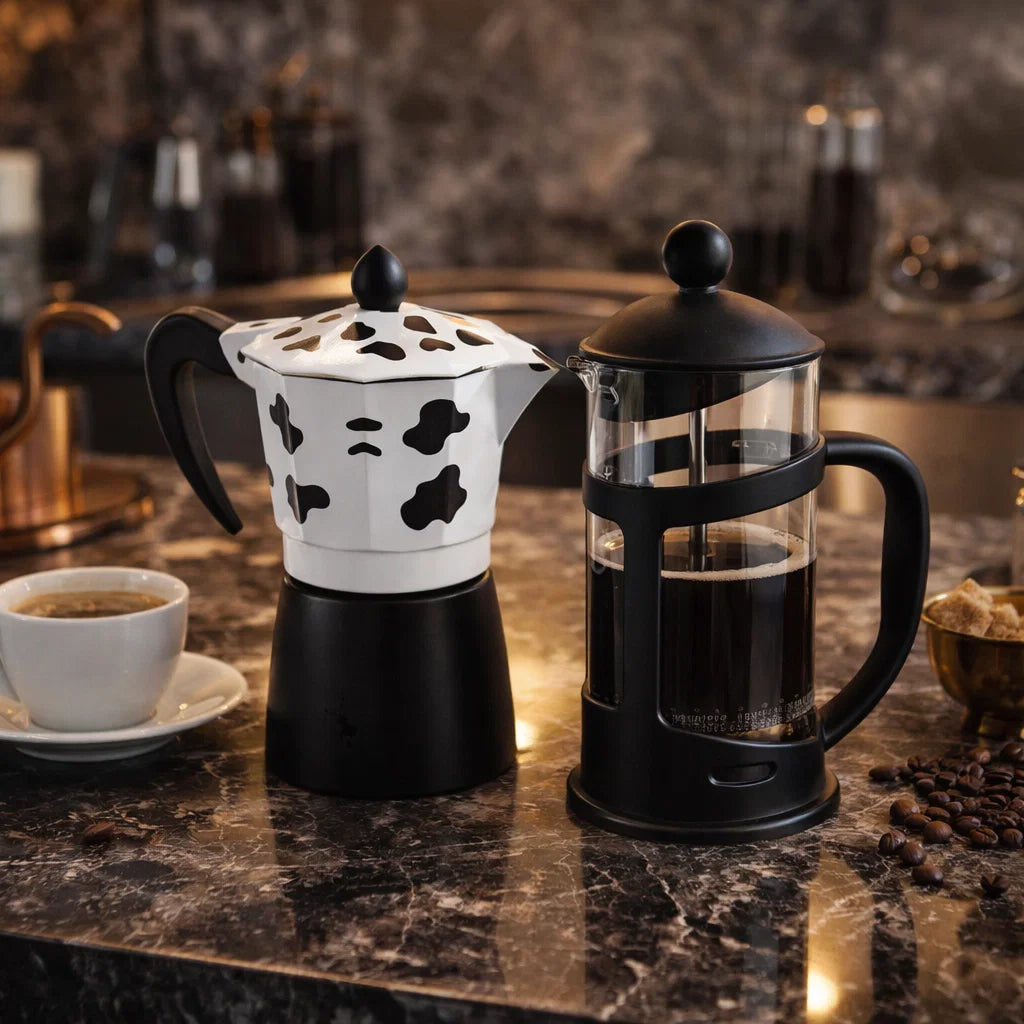 Set: Cafetieră MOKA, 6 cafele, 300 ml, Alb/Negru + Infuzor de Cafea și Ceai French Press, 600ml, Sticlă/Oțel inoxidabil ❘ D3411.negru.alb / D6969